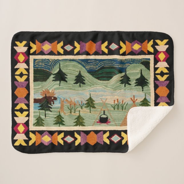 Moose, Teepee, Camp Fire, Mountains, Pine Trees  Sherpa Blanket (Front (Horizontal))