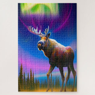 Moose Under Colourful Aurora Borealis Sky Jigsaw Puzzle