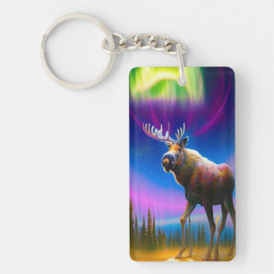 Moose Under Colourful Aurora Borealis Sky Keychain