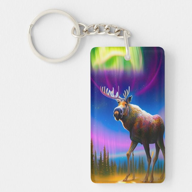 Moose Under Colourful Aurora Borealis Sky Keychain (Front)
