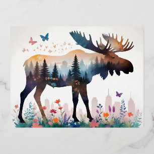 Moose Vintage Animal Nature Forest Flowers Art Foil Holiday Postcard