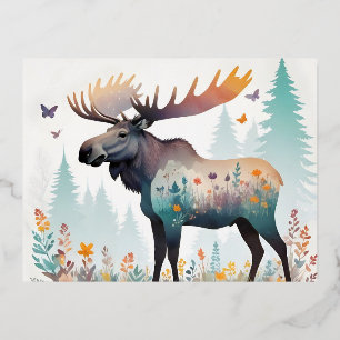 Moose Vintage Animal Nature Forest Flowers Art Foil Holiday Postcard