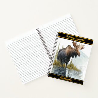 Moose wades in peaceful northern lake notebook