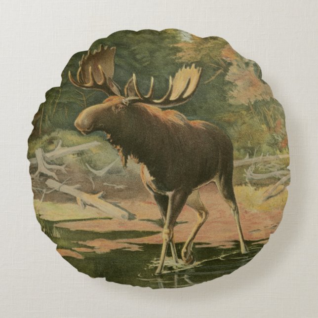 Moose Walking in Water Round Pillow (Front)