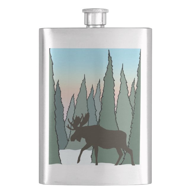 Moose Walking in Winter Forest Hip Flask (Front)