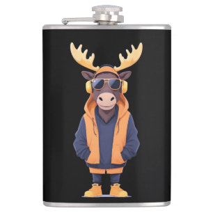 Moose Wearing Hoodie Funny Cool Animal Character Hip Flask