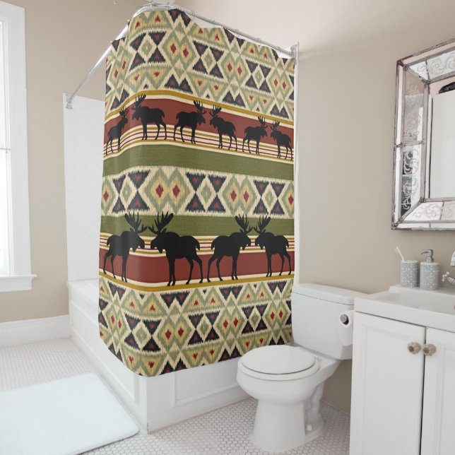 Moose Wildlife Animal Red Green Ochre Ikat Stripes (In Situ)