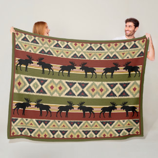 Moose Wildlife Animal Red Green Ochre Ikat Stripes Fleece Blanket