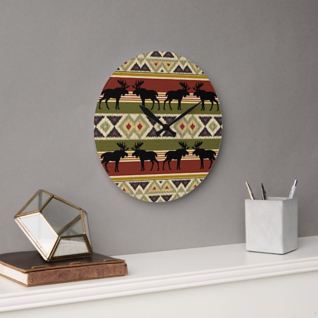 Moose Wildlife Animal Red Green Ochre Ikat Stripes Large Clock (Office)