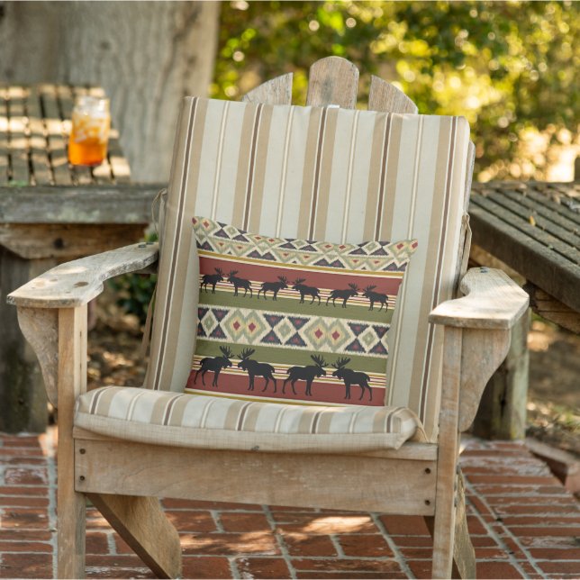 Moose Wildlife Animal Red Green Ochre Ikat Stripes Outdoor Pillow (Chair)