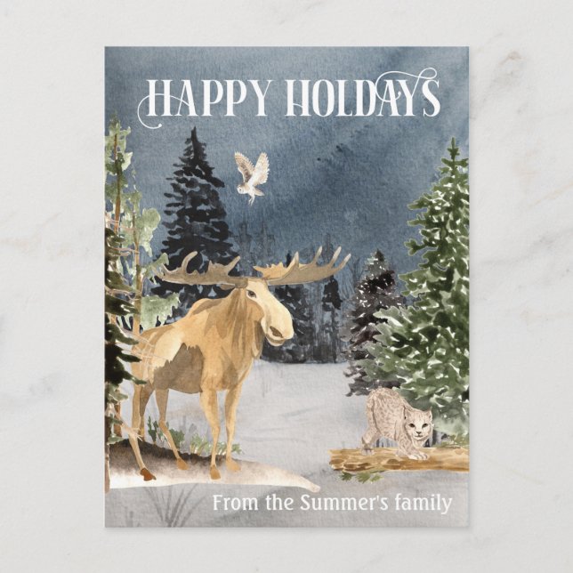 Moose Winter landscape Watercolor Holiday Postcard (Front)