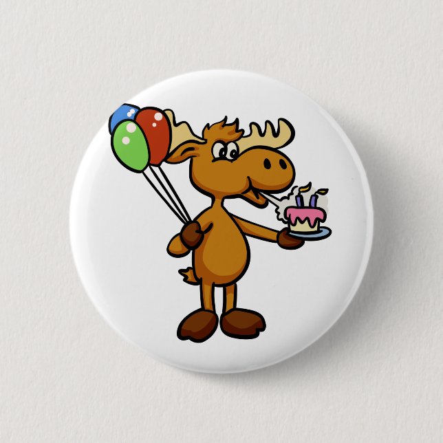 Moose with balloon and cake | choose back colour 2 inch round button (Front)