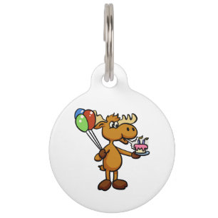 Moose with balloon and cake choose back colour pet tag