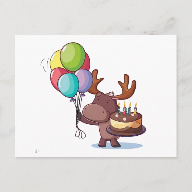 Moose with balloon and cake  postcard (Front)