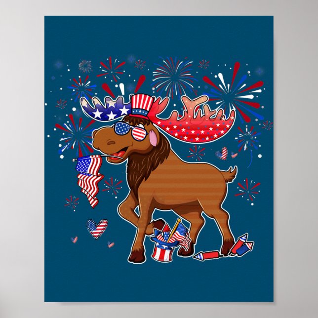 Moose With Fireworks Sunglasses Hat Merica Funny Poster (Front)