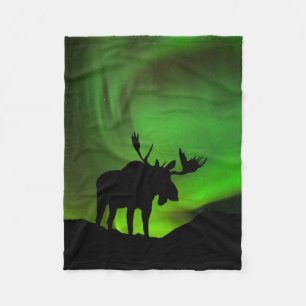 Moose with Green Aurora Borealis, Alaska Fleece Blanket