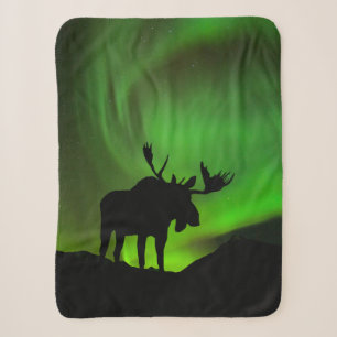 Moose with Green Aurora Borealis, Alaska Sherpa Blanket