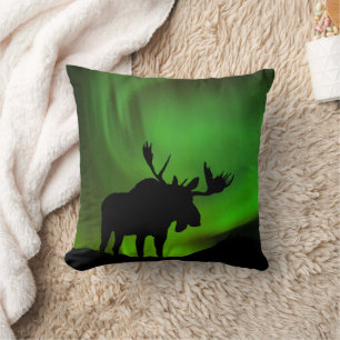 Moose with Green Aurora Borealis, Alaska Throw Pillow