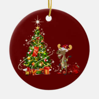 Moose With Hat LIGHTS Christmas Ceramic Ornament