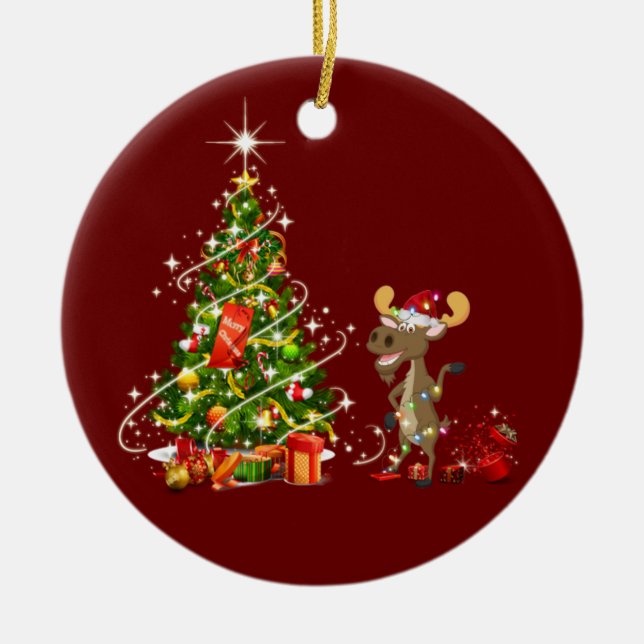 Moose With Hat LIGHTS Christmas Ceramic Ornament (Front)