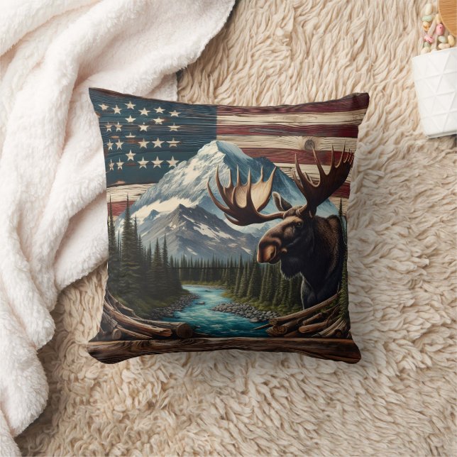 Moose With Mountains and Flag Background Throw Pillow (Blanket)
