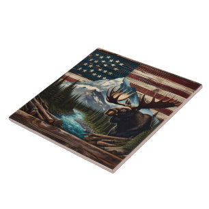 Moose With Mountains and Flag Background Tile
