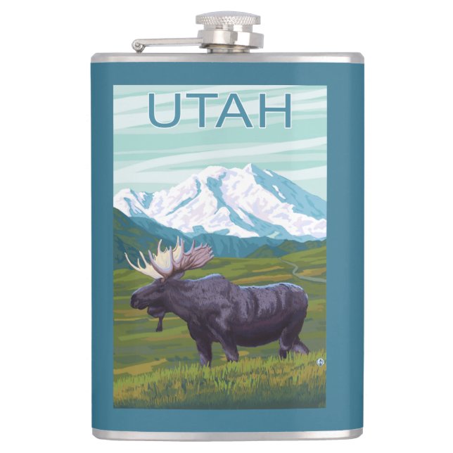 Moose with MountainUtah Hip Flask (Front)