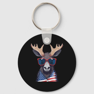 Moose With Patriotic Usa Flag American Independenc Keychain
