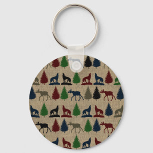Moose Wolf Pine Tree Rustic Burlap Print Outdoors Keychain