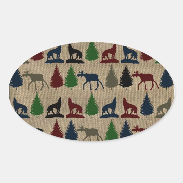 Moose Wolf Pine Tree Rustic Burlap Print Outdoors Oval Sticker (Front)