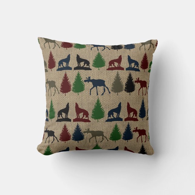 Moose Wolf Pine Tree Rustic Burlap Print Throw Pillow (Front)