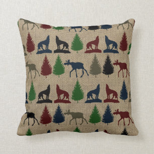 Moose Wolf Pine Tree Rustic Burlap Print Throw Pillow