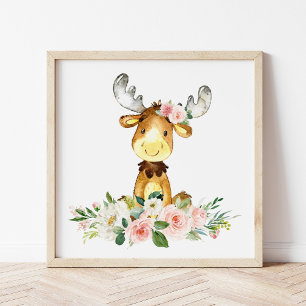 Moose, Woodland Animals, Boho, Pink Flowers Photo Print