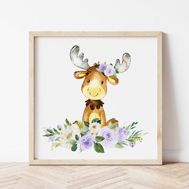 Moose, Woodland Animals, Boho, Purple Flowers Poster (Creator Uploaded)