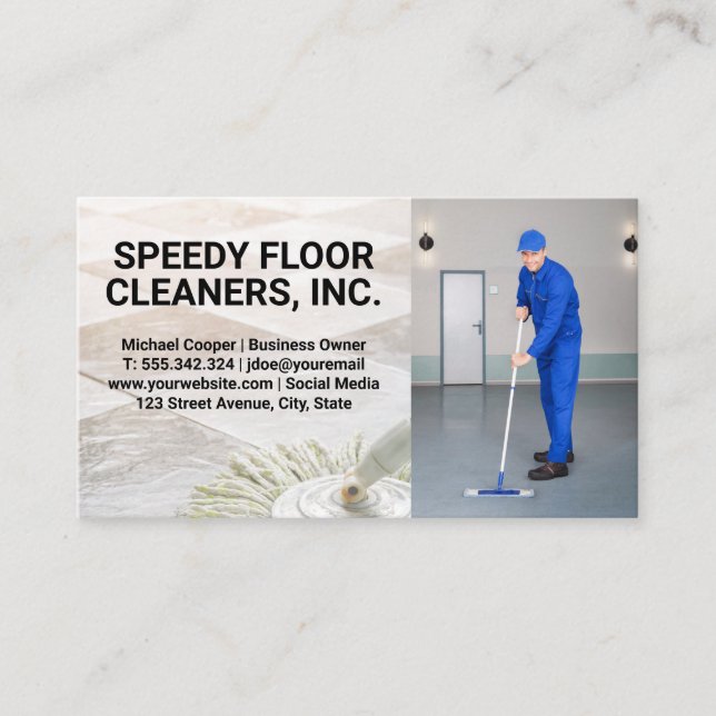 Mop and Tiles | Man Cleaning Floors  Business Card (Front)