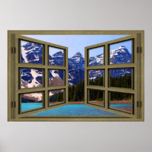 Moraine Lake Brown Wood 6 Pane Open Window Poster