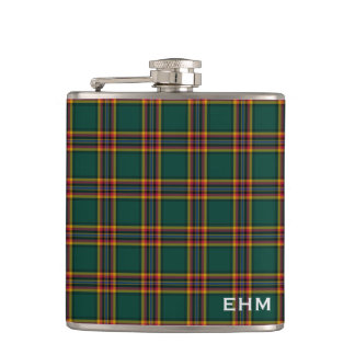 Moran Tartan Monogram Dark Green Plaid Hip Flask