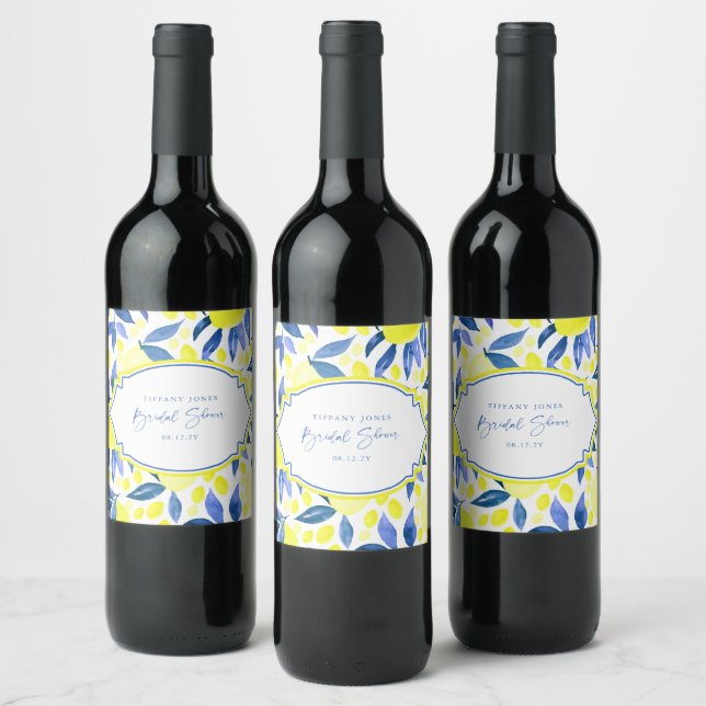 Mordern Blue Yellow Lemons Bridal Shower Wine Label (Bottles)