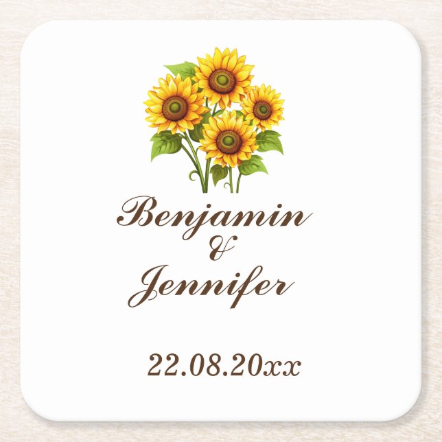 Mordern Elegant Rustic Boho Sunflower Wedding  Square Paper Coaster (Front)