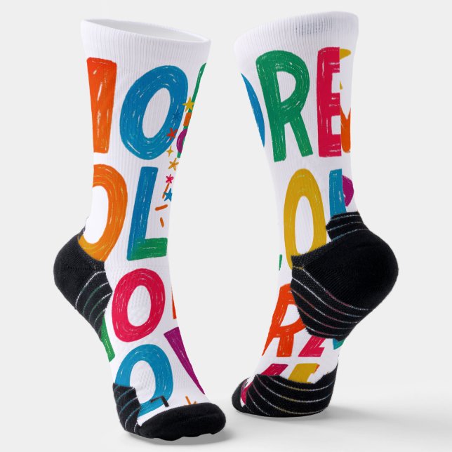 More Colour More Love Playful Rainbow Typography  Socks (Angled)