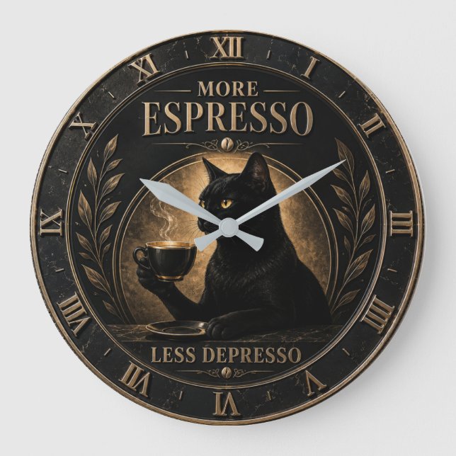 More Espresso Less Depresso Black Cat  Large Clock (Front)