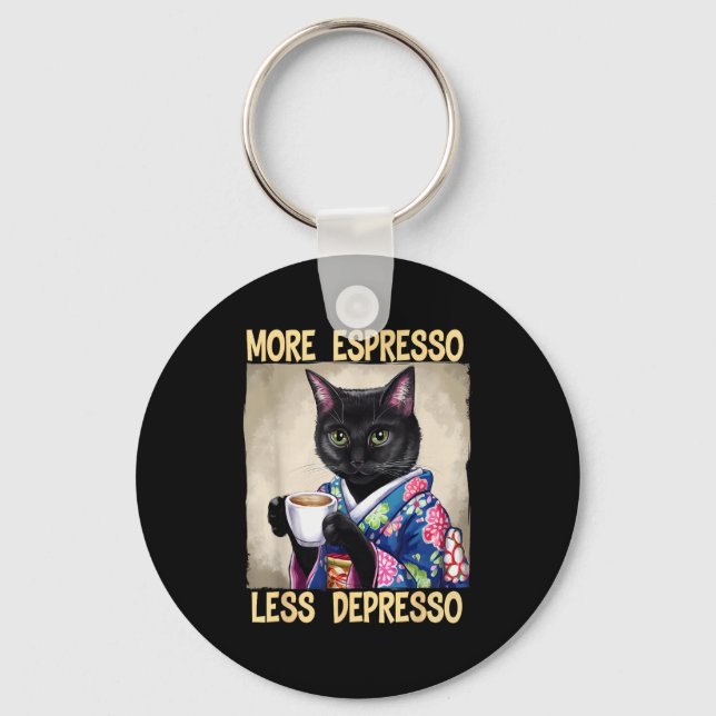 More Espresso Less Depresso Japanese Art Funny Cat Keychain (Front)