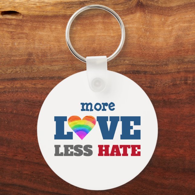 More Love Less Hate Graphic Rainbow Heart on White Keychain (Front)