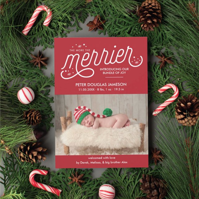More the Merrier Christmas Birth Announcement (Christmas birth announcement in red)