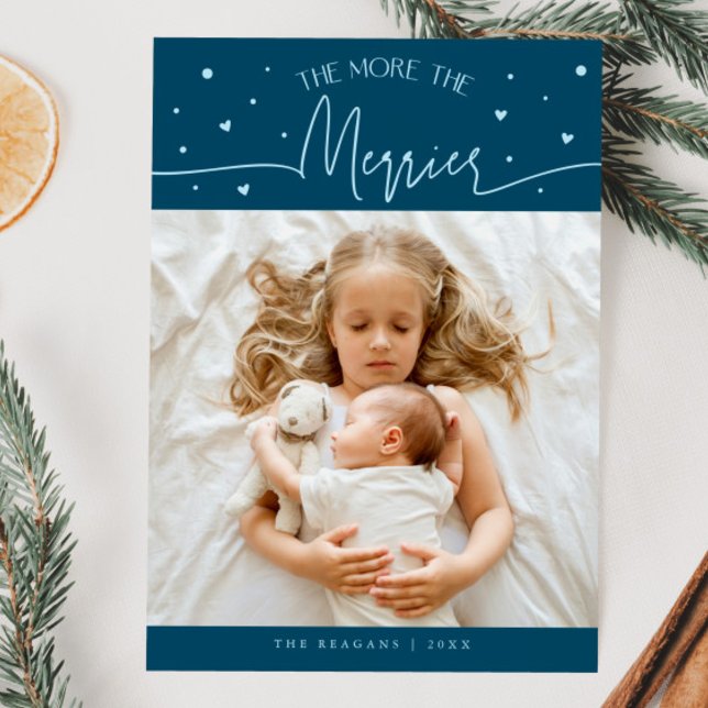 More The Merrier Christmas Teal Photo Birth  Announcement (Creator Uploaded)