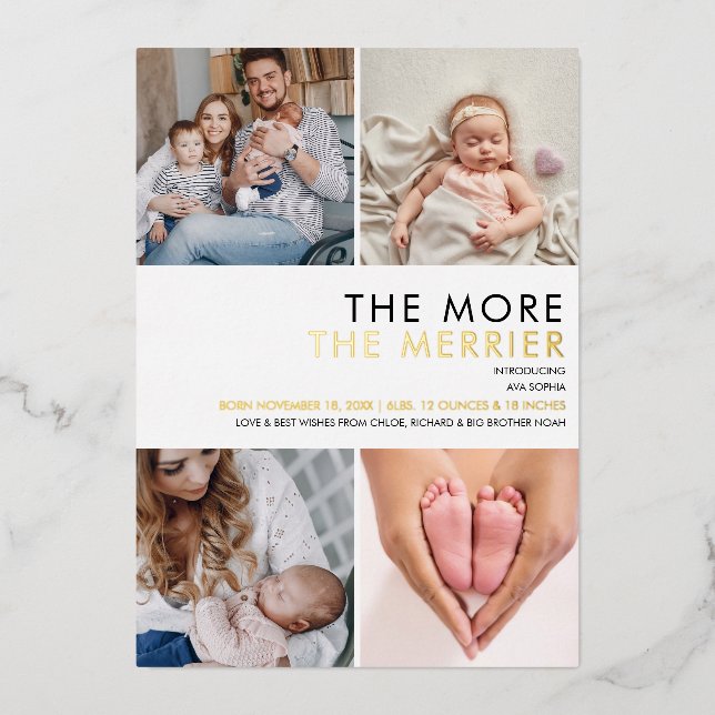More The Merrier Photo Christmas Birth Gold Foil Holiday Card (Front)