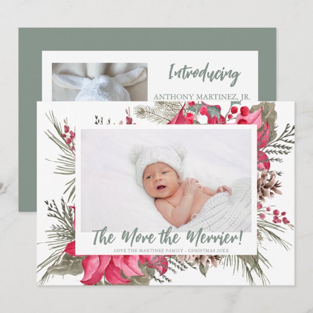 More the Merrier Poinsettia Photo Christmas  Announcement (Front/Back)