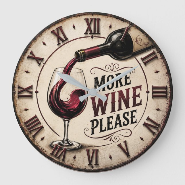 More Wine Please Rustic Vineyard Home Bar Large Clock (Front)