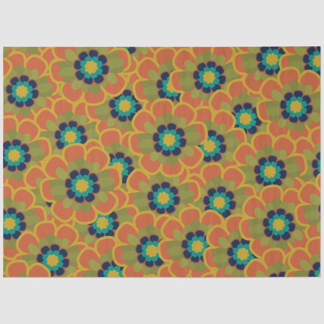Morelia Retro Floral Pattern Burnt Orange and Blue Tissue Paper (Front)