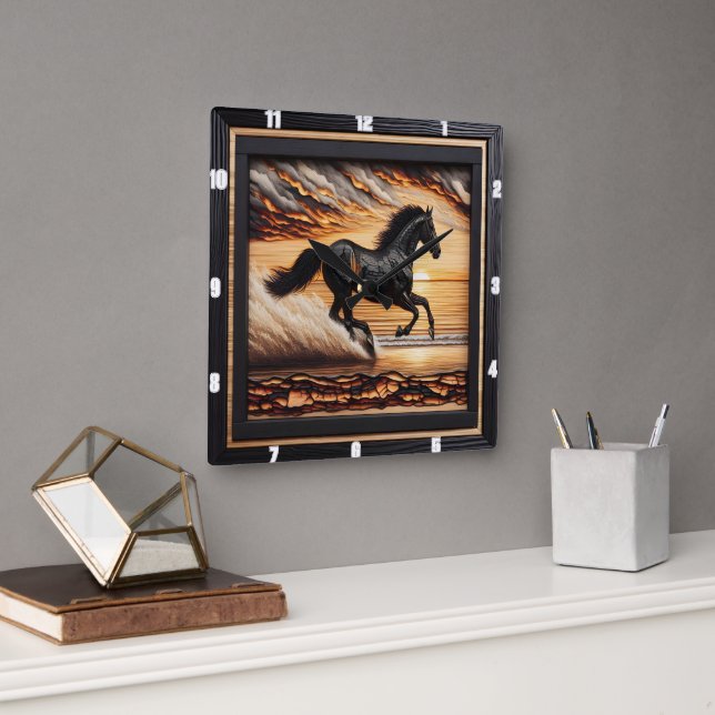 Morgan Beach Race: Charred Wood Art Square Wall Clock (Office)